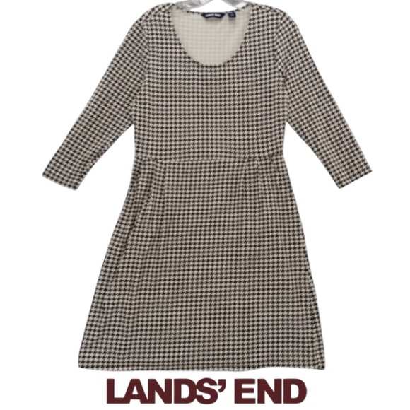 2X Lands’ End Women’s Plus Brown/White Houndstooth 3/4 Sleeve‎ A-line Dress - Picture 8 of 15